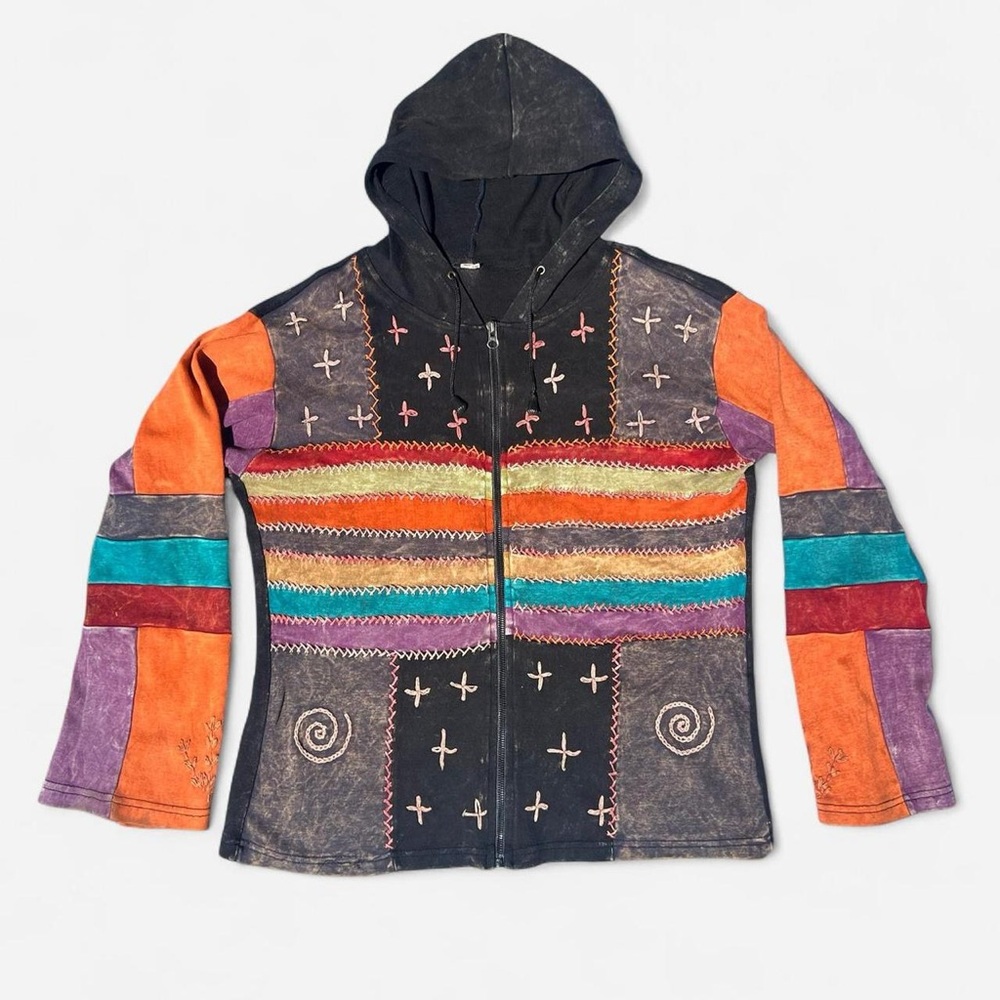 Vintage Hippie Multicolored Patchwork Zip Up Jacket Boho